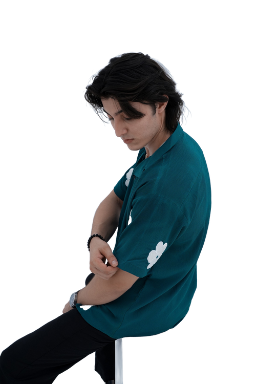 Daisy Patch Shirt - side seated pose